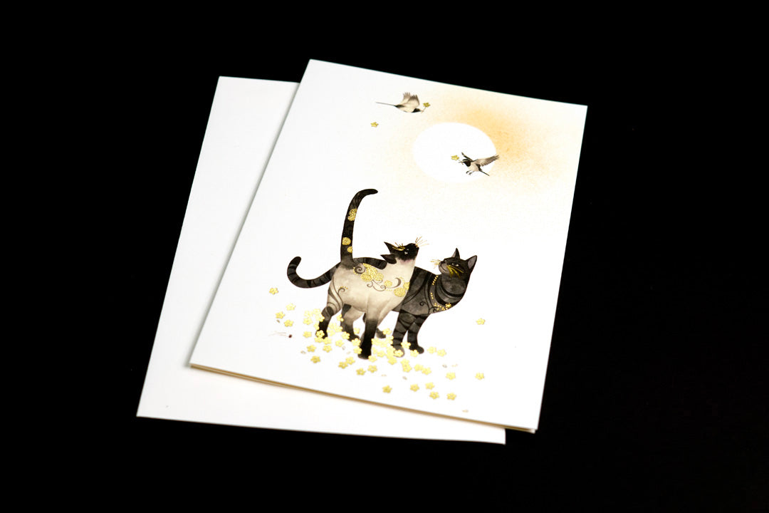 Two Cats and Birds Foil Embossed Cards