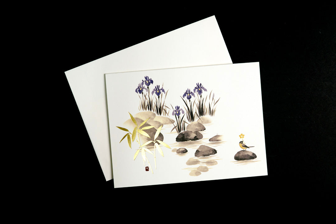 Pond with Irises and Bird Foil Embossed Cards