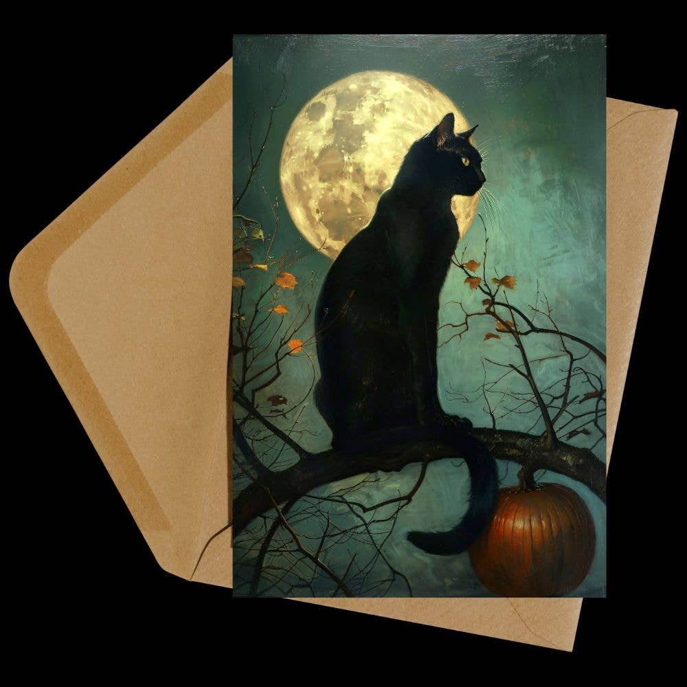 Halloween Black Cat Full Moon Card