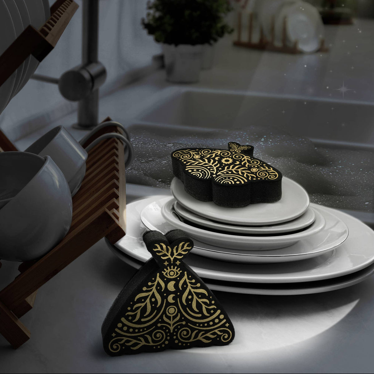 Night Scrub Metallic Moths Kitchen Sponges, Set of 2