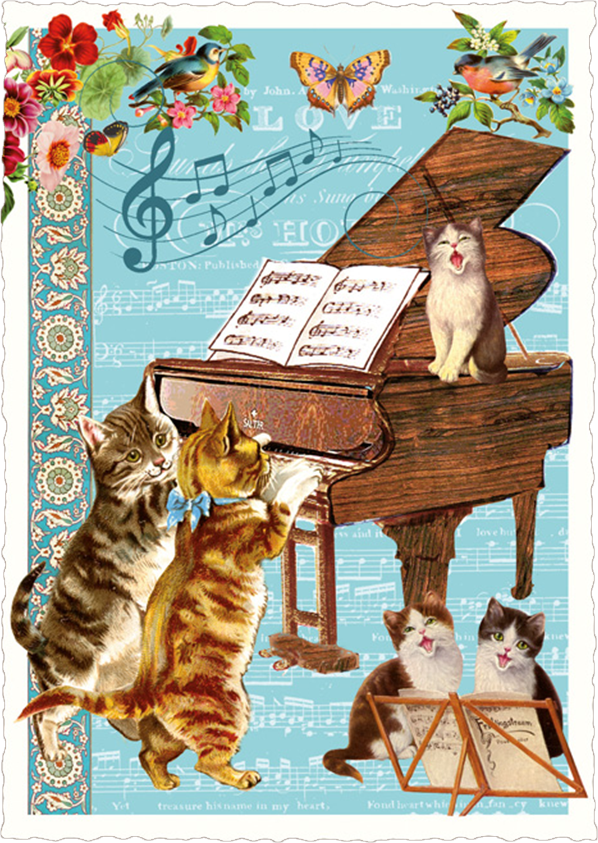 Vintage Piano Cats Postcard
