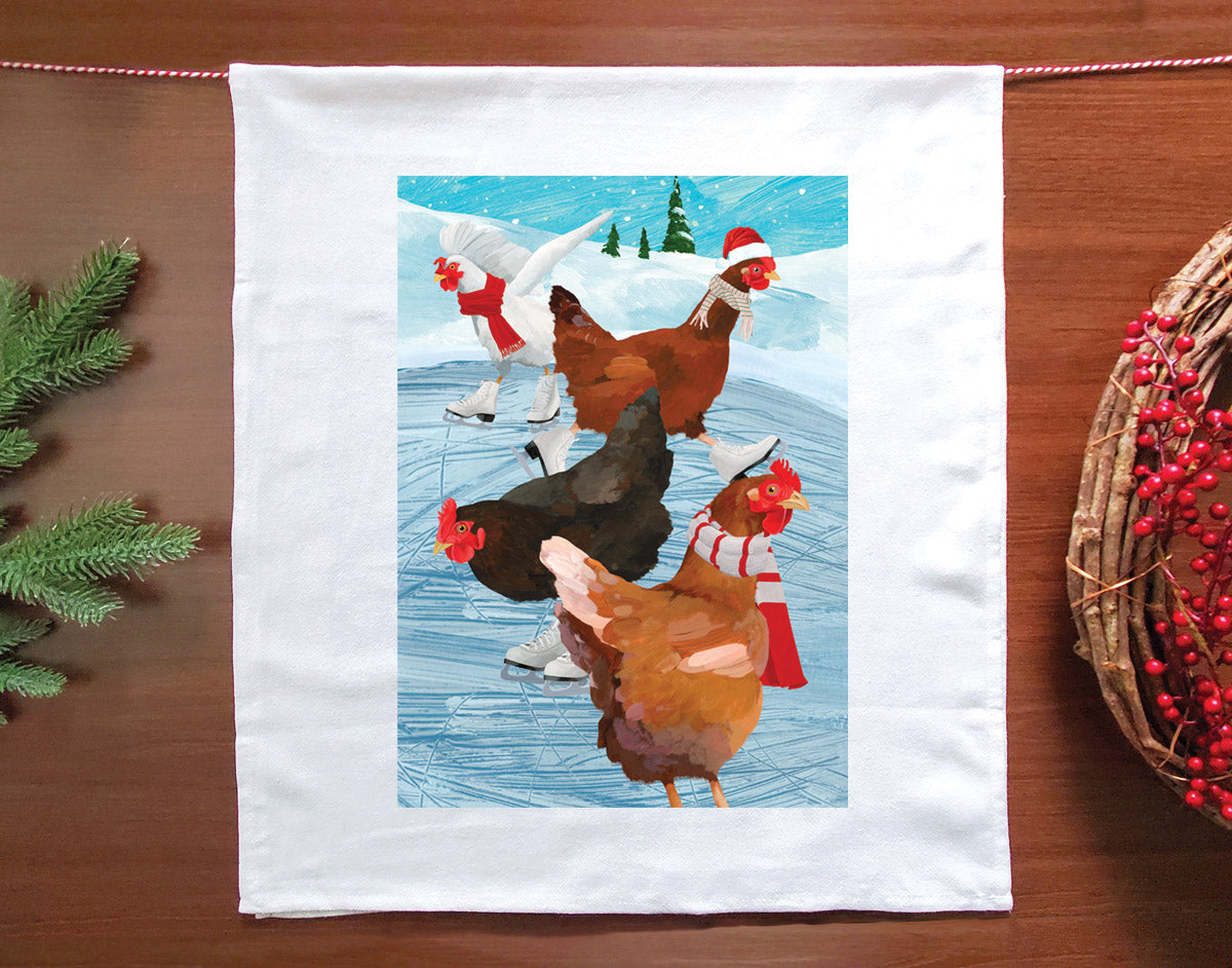 Chickens on Ice Holiday Tea Towel