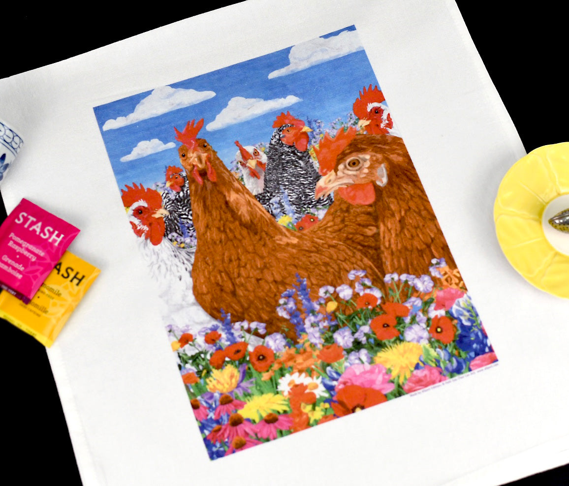 Chickens Celebrating Tea Towel