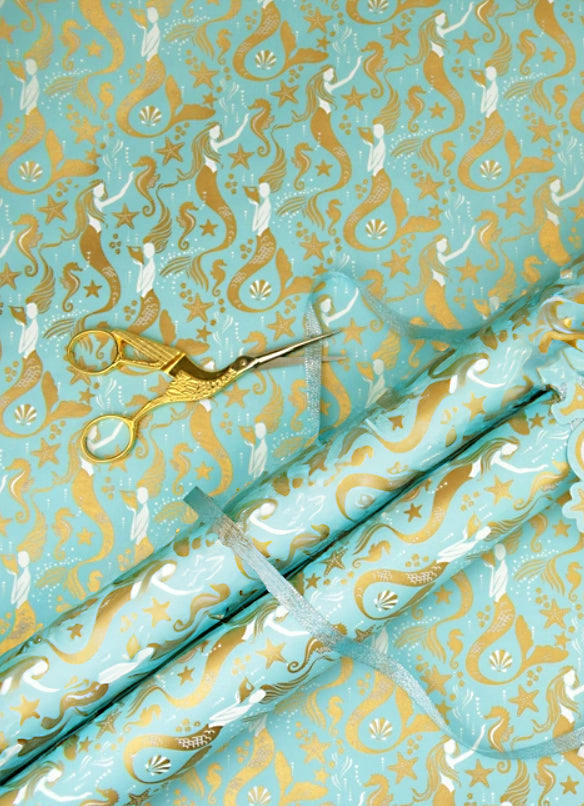 Gold Mermaids & Seahorses Wrapping Paper, 2 Rolls