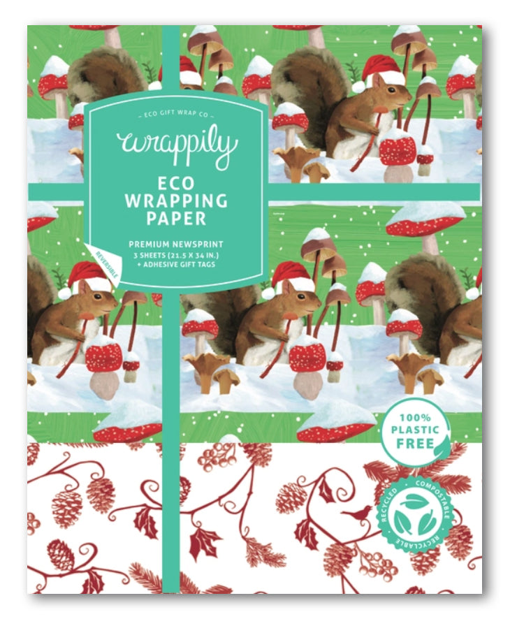 Winter Mushroom and Squirrel Reversible Eco-Wrap