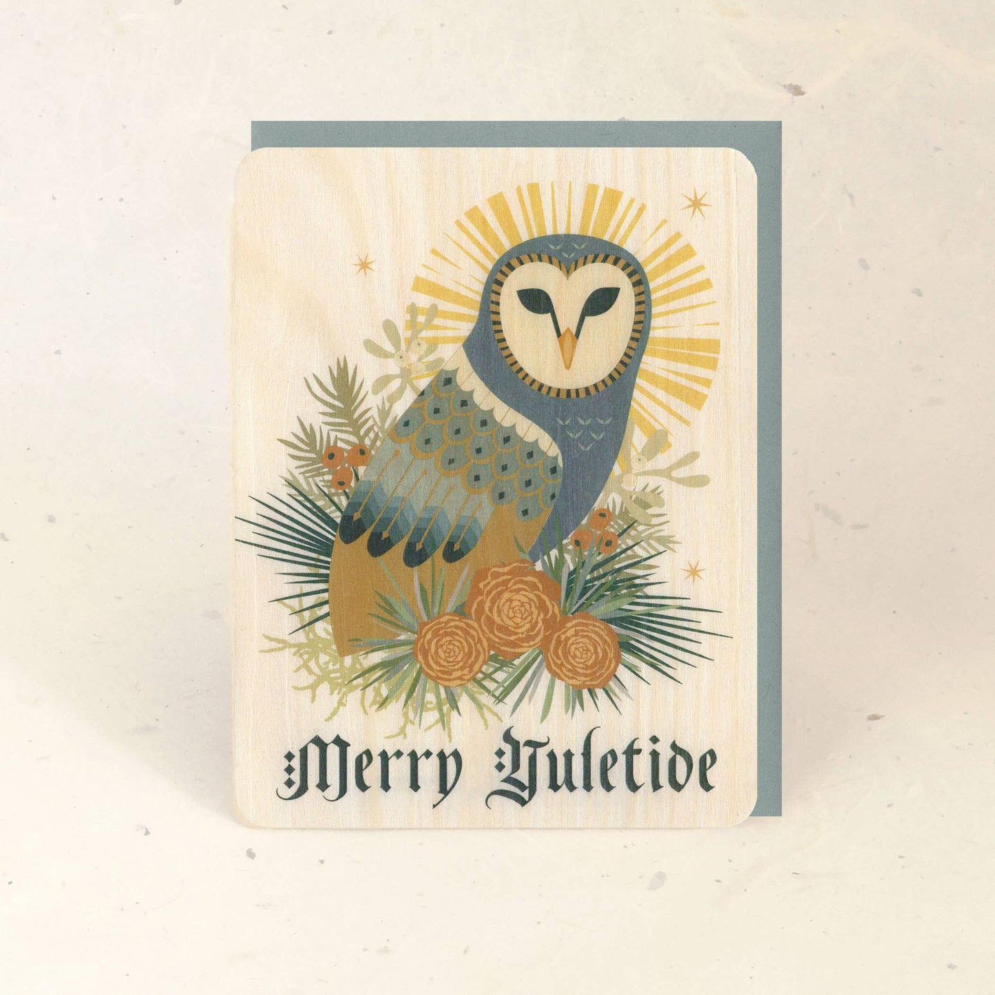 Merry Yuletide Owl Wood Holiday Card