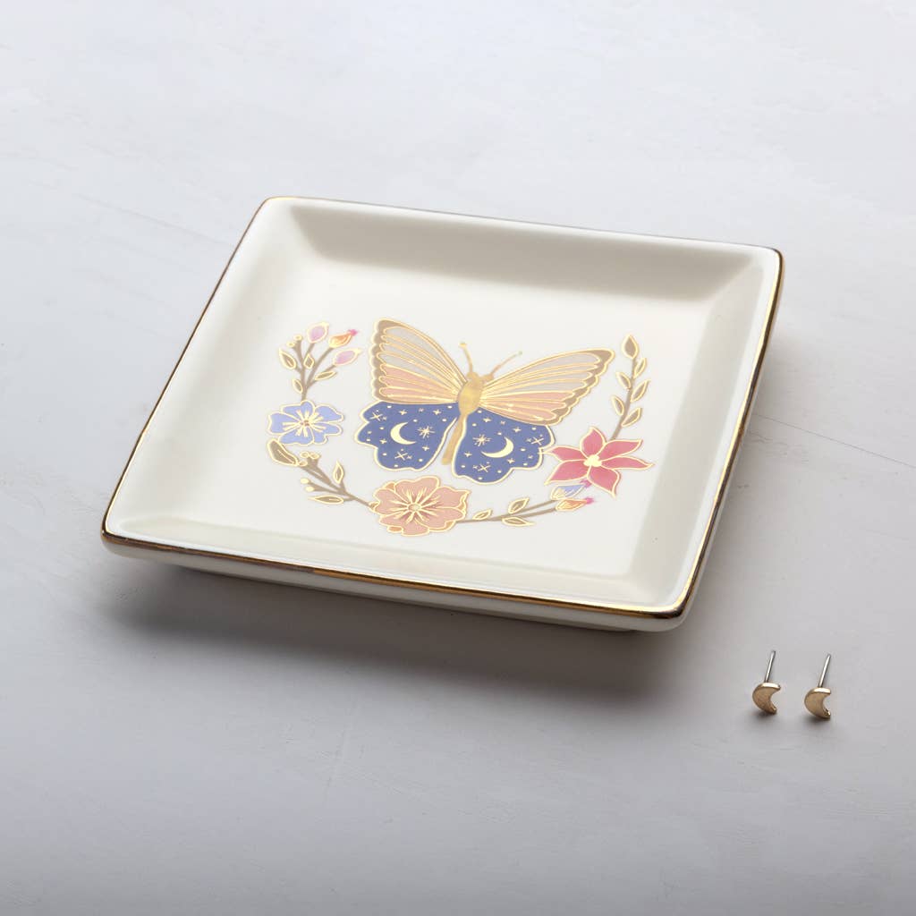 Butterfly & Cream Jewelry Dish & Earring Set