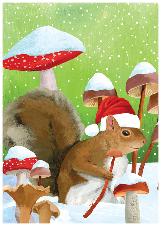 Winter Squirrel and Mushroom Holiday Card