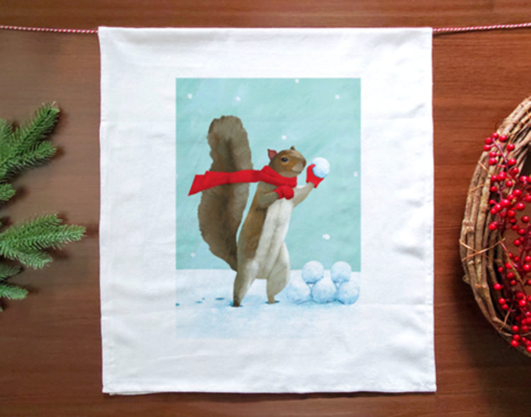 Squirrel Snowball Holiday Tea Towel
