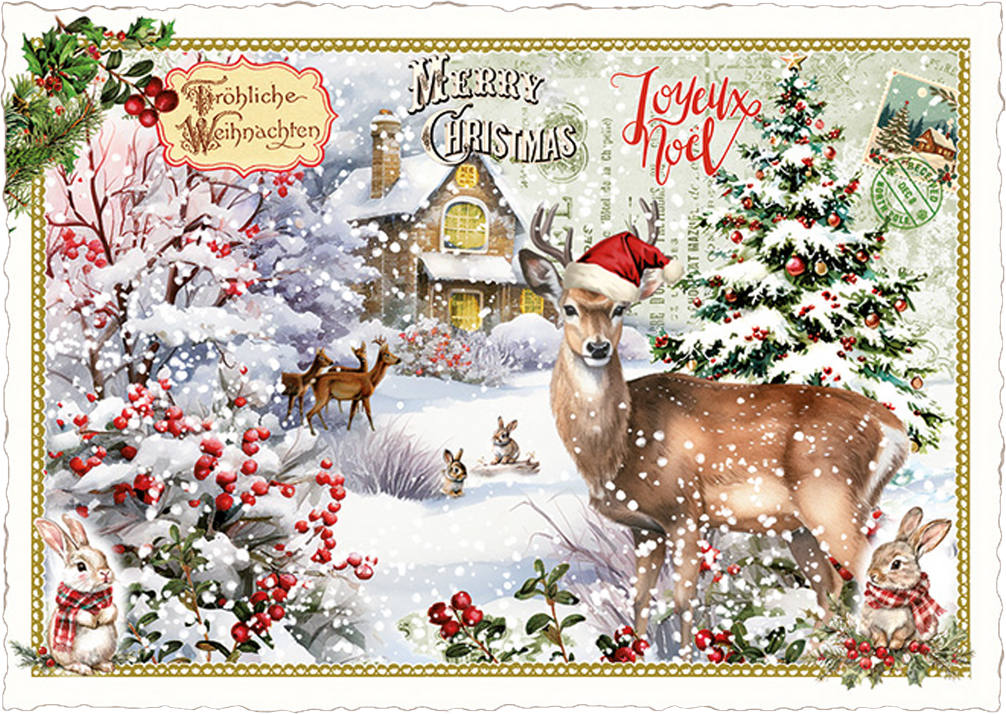 Vintage Snow Deer Holiday Postcard