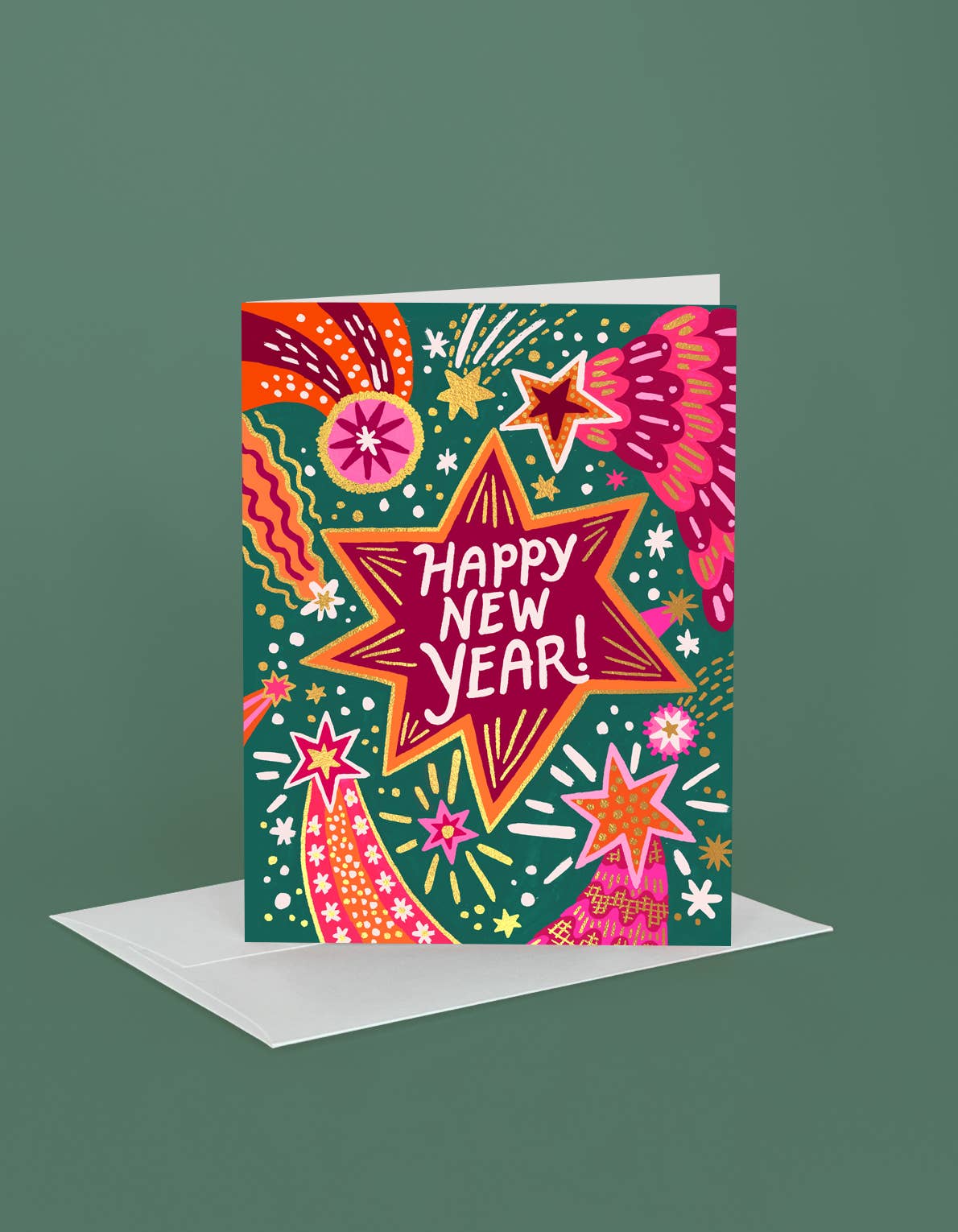 Gold Foil Fireworks New Year Holiday Card