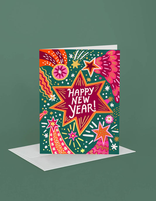 Gold Foil Fireworks New Year Holiday Card