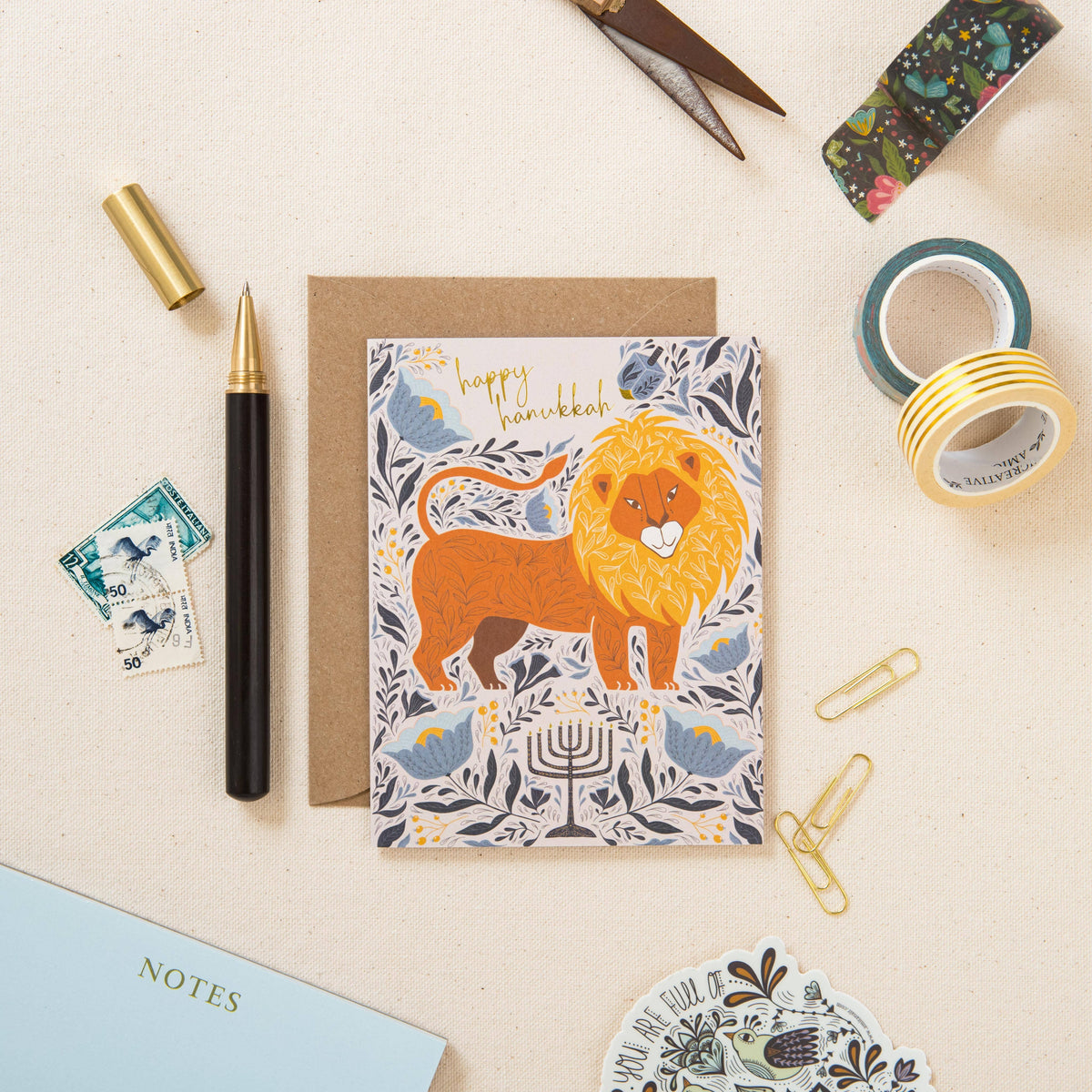 Festival of Lights Lion Gold Foil Hanukkah Card