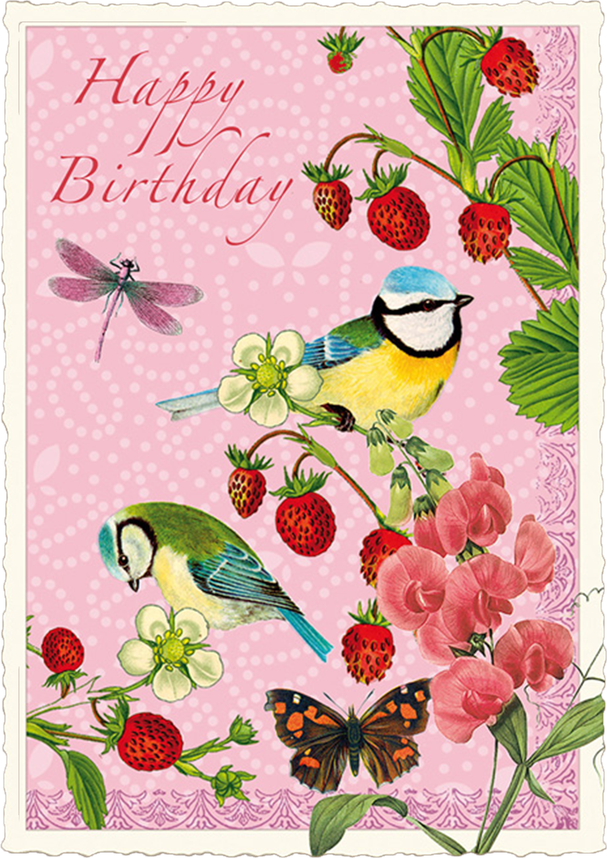 Vintage Birthday Birds & Berries Postcard