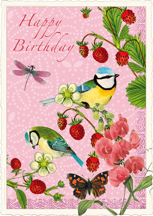 Vintage Birthday Birds & Berries Postcard