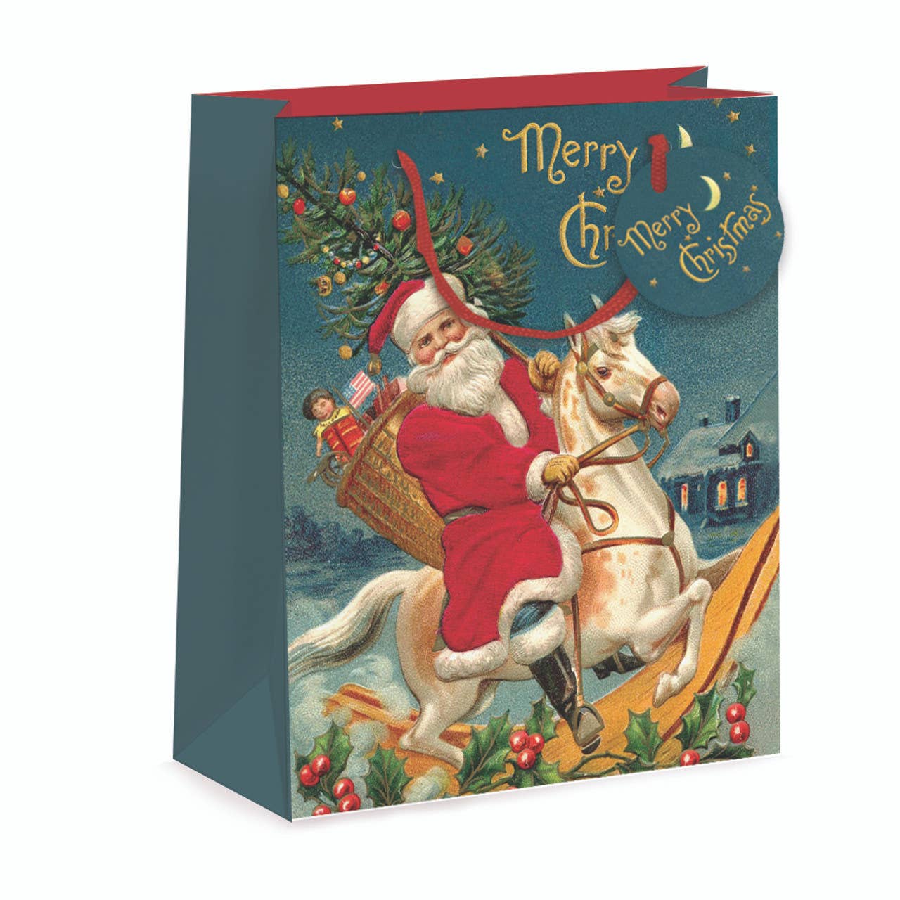 Santa Rocking Horse Medium Holiday Gift Bag