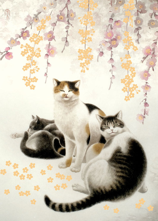 Three Cats Gold Foil Sakura Card