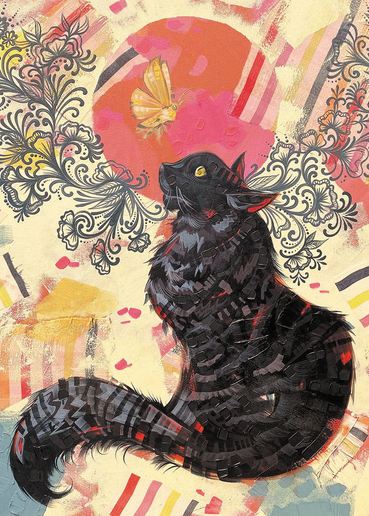 Black Cat and Moth Birthday Card