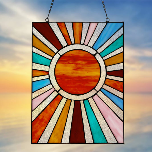 Handcrafted Sunburst Stained Glass Window Panel