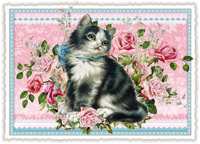 Vintage Kitten Roses Postcard