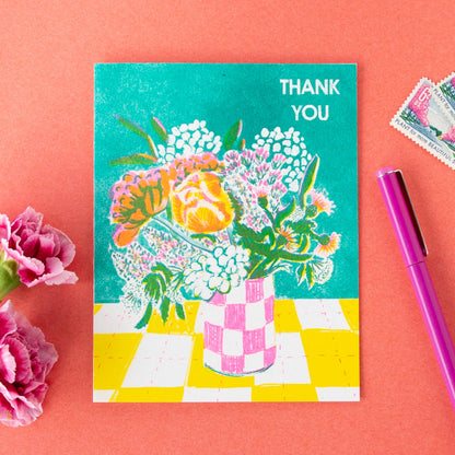 Checker Vase of Flowers Thank You Card