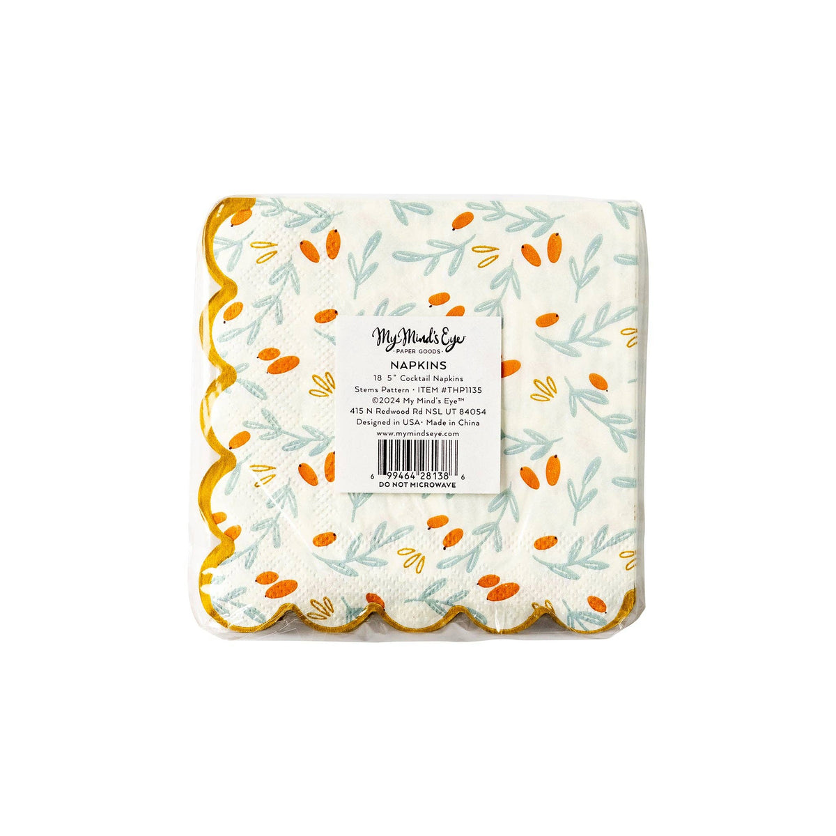 Berries & Sprigs Gold Foil Scallop Edge Beverage Napkins