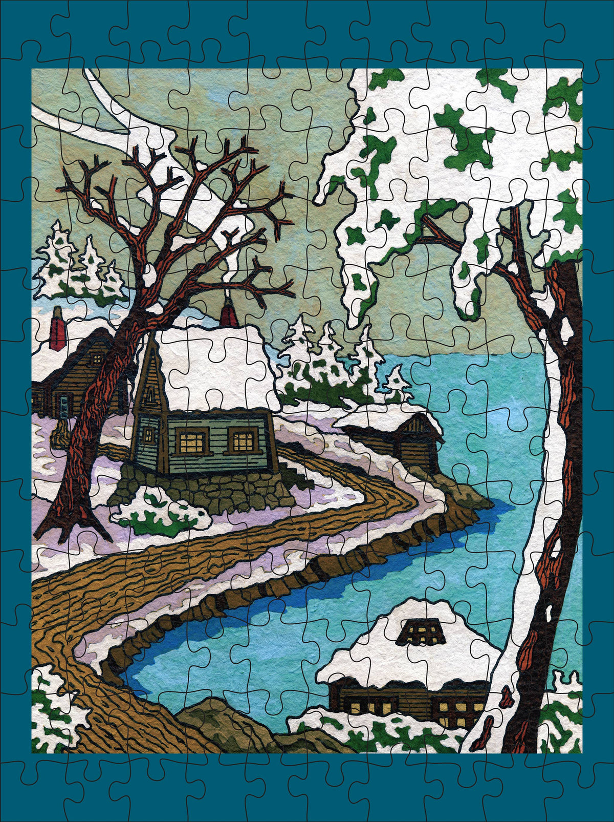 CJ Hurley: Snowy Cabins 120 Piece Double-Sided Puzzle Set