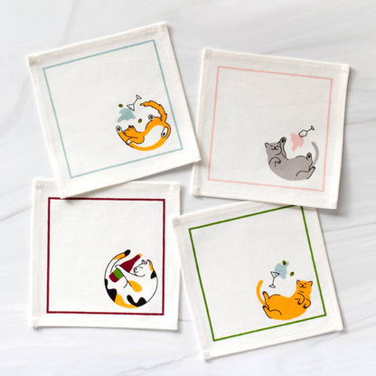 Cats Drinking Cloth Reusable Cocktail Napkin Set