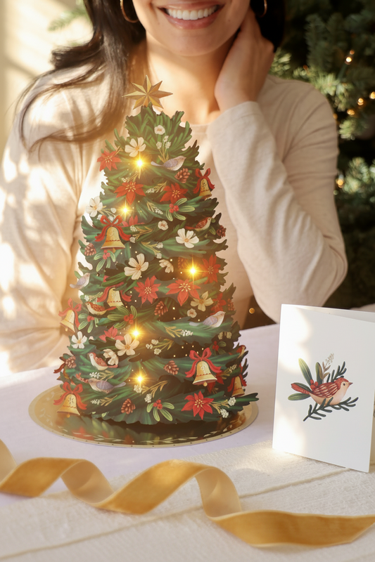 Light Up Twinkling Poinsettia Christmas Tree Holiday Pop-Up Card