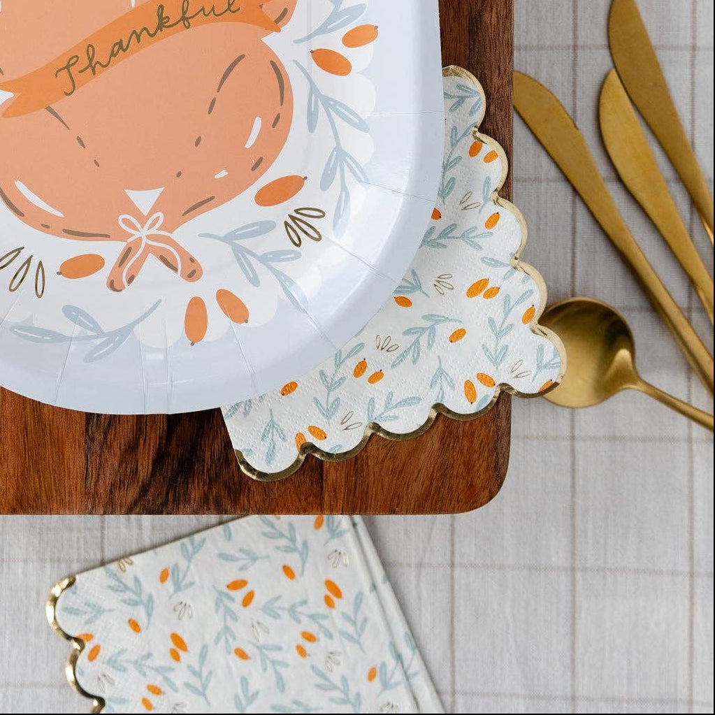 Berries & Sprigs Gold Foil Scallop Edge Beverage Napkins