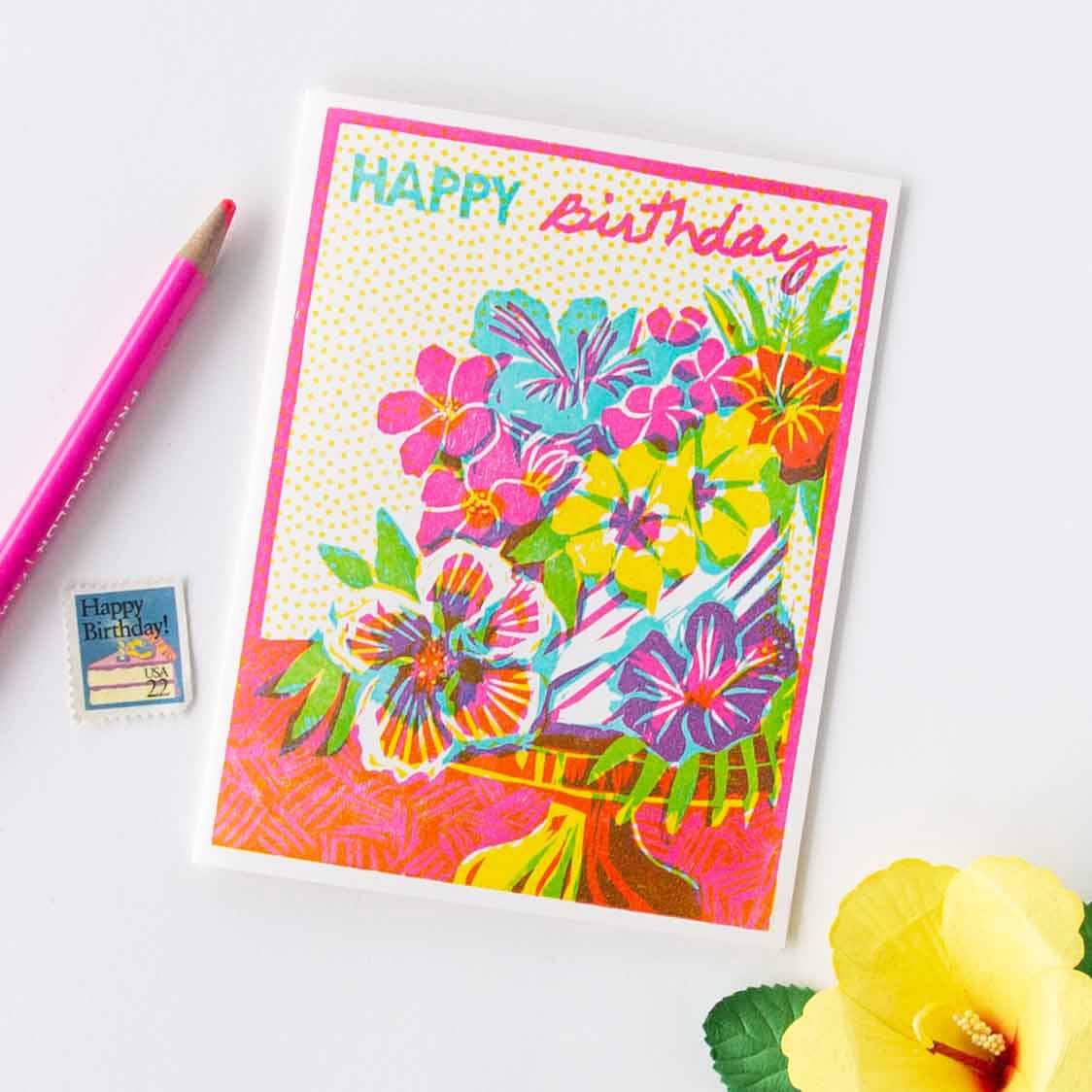 Tropical Floral Cake Birthday Card
