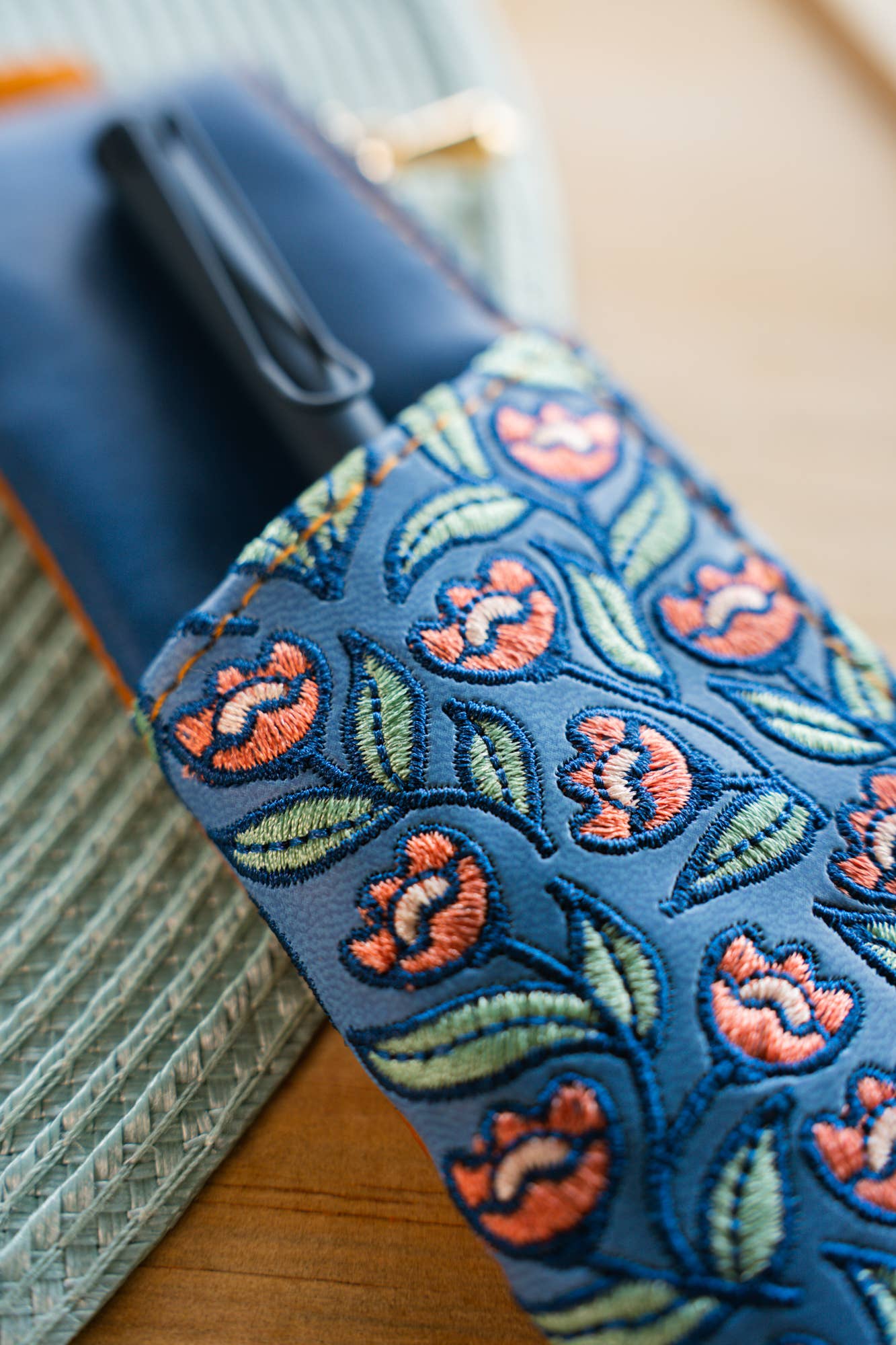 Creeping Floral Embroidered Vegan Leather Book Pouch