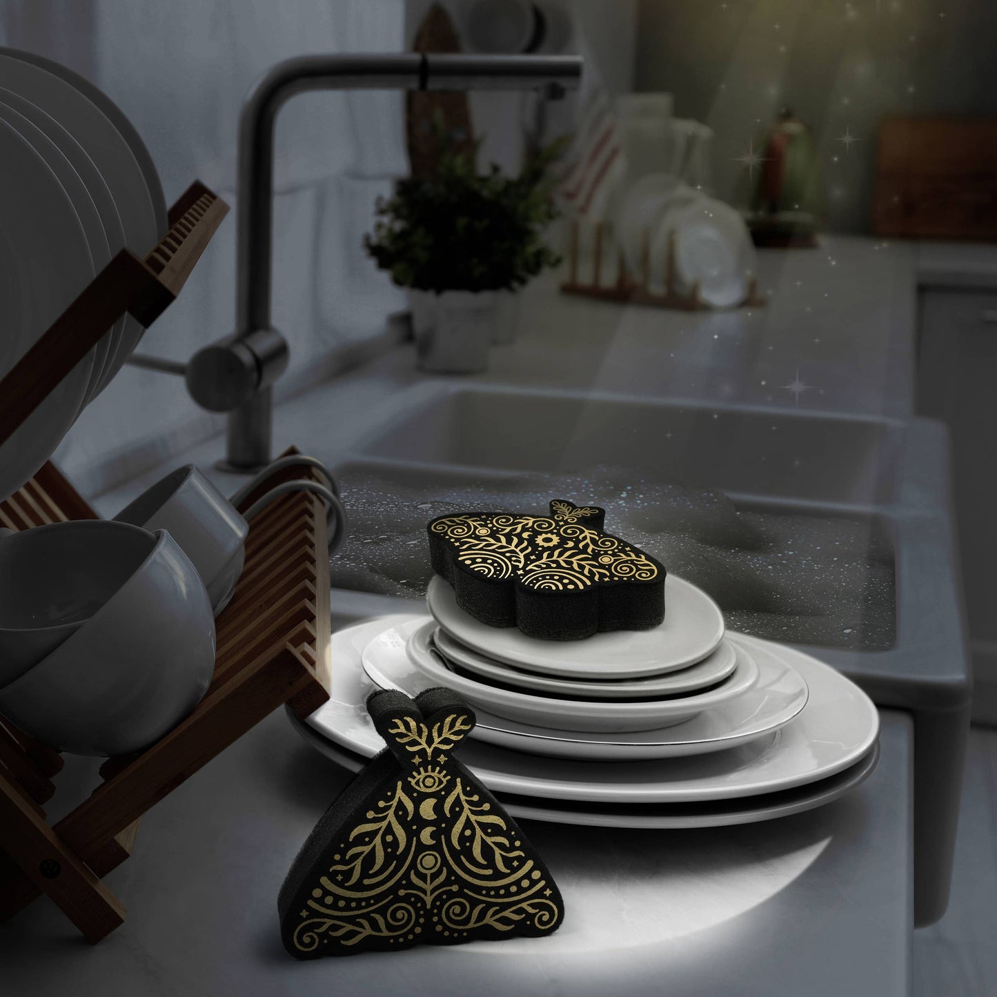 Night Scrub Metallic Moths Kitchen Sponges, Set of 2