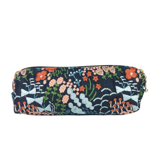Black Floral Embroidered Pen and Pencil Pouch