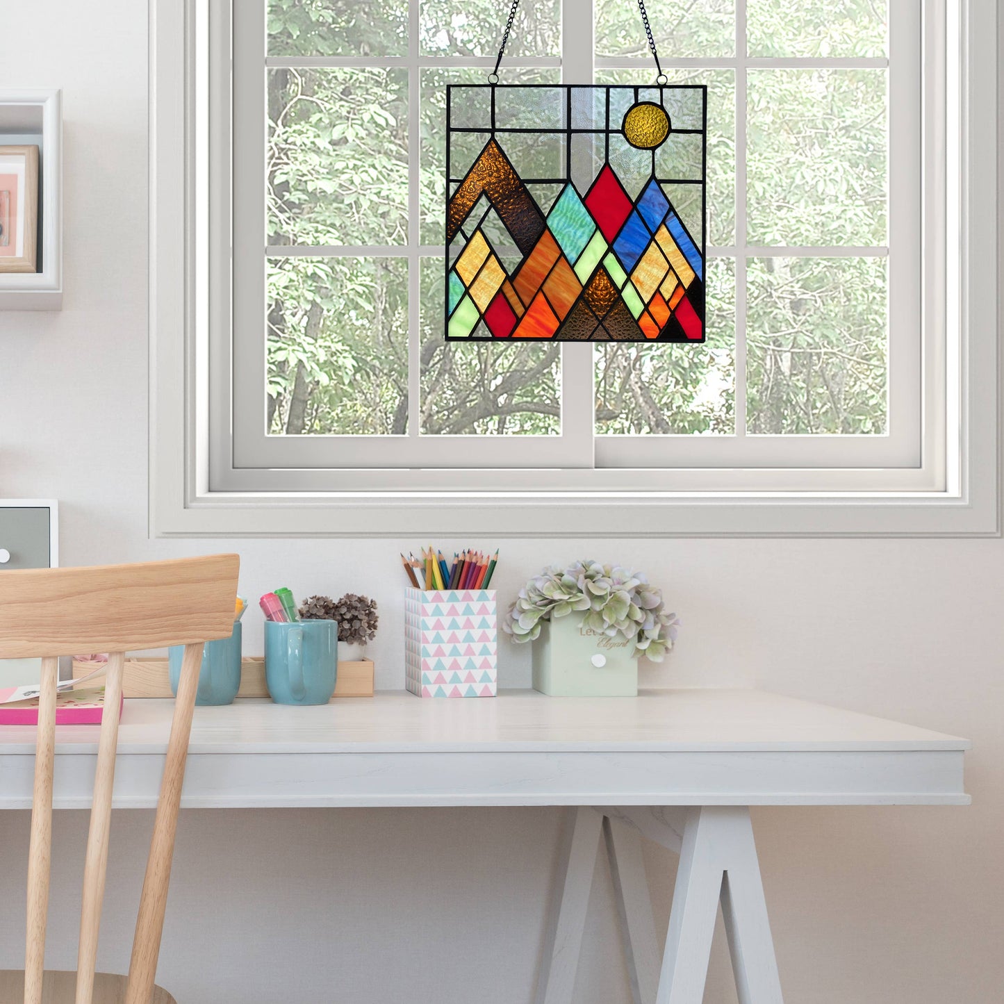 Handcrafted Beyond the Mountain Tops Glass Window Panel