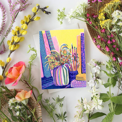 Still Life with Books and Flowers #3 Blank Card