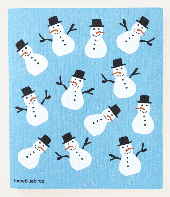 Frosty Snowmen on Blue Swedish Dishcloth