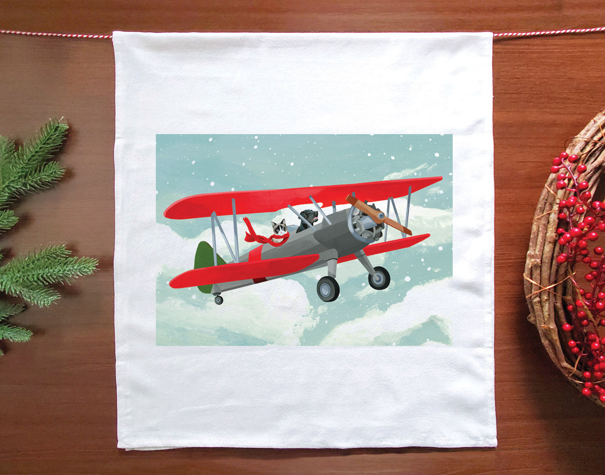 Dog and Cat Airplane Holiday Tea Towel