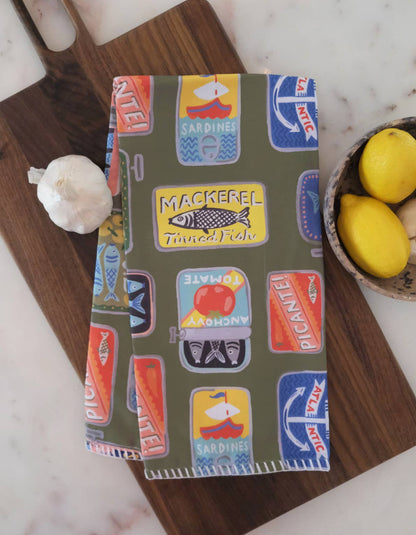Tinned Fish Embroidered Cotton Tea Towel