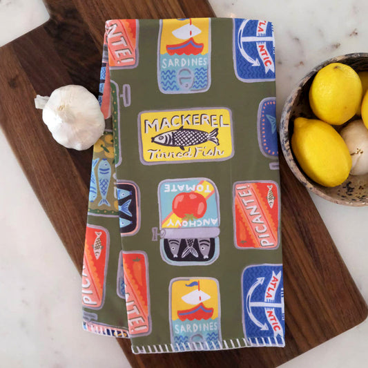 Tinned Fish Embroidered Cotton Tea Towel