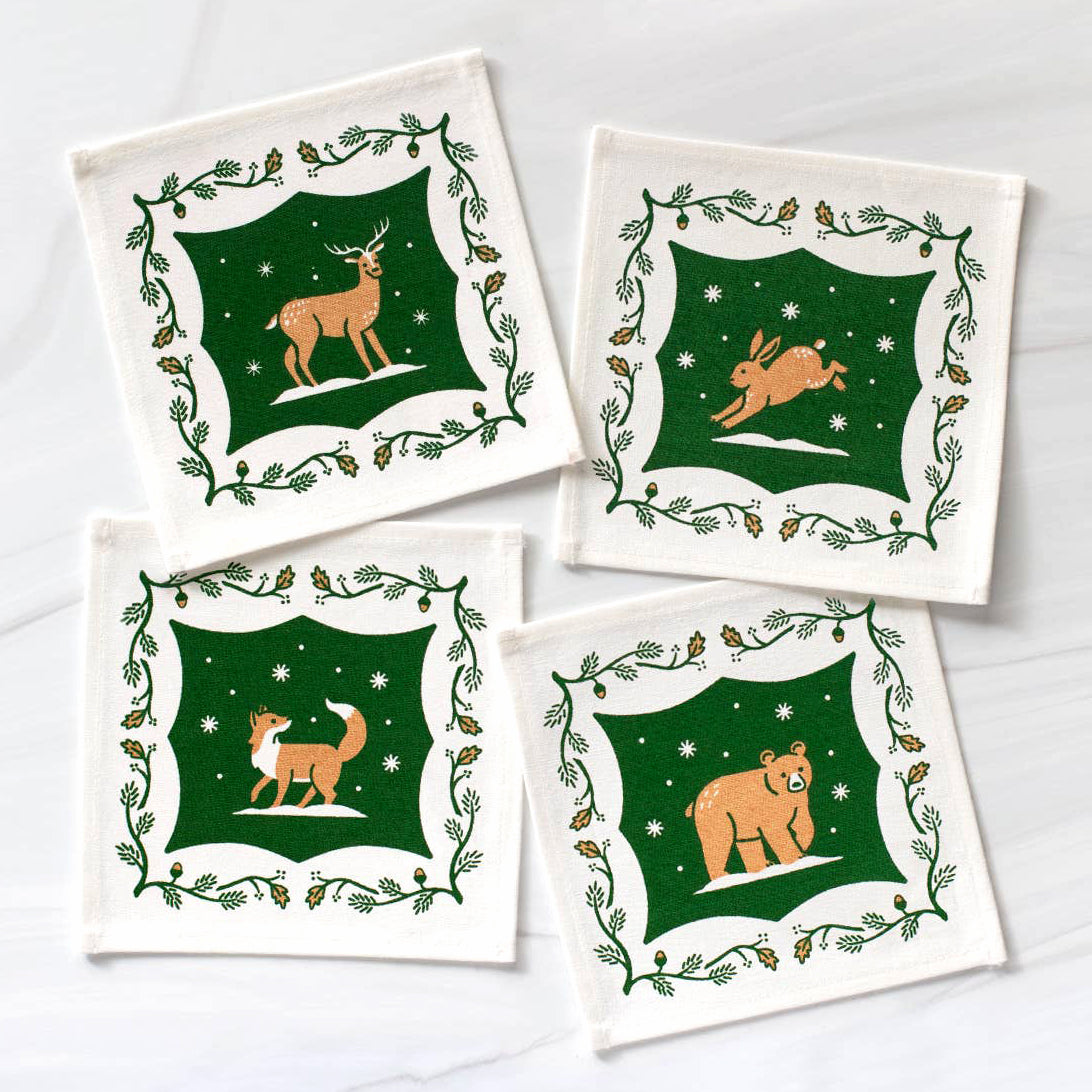 Woodland Animals Cloth Reusable Cocktail Napkin Set