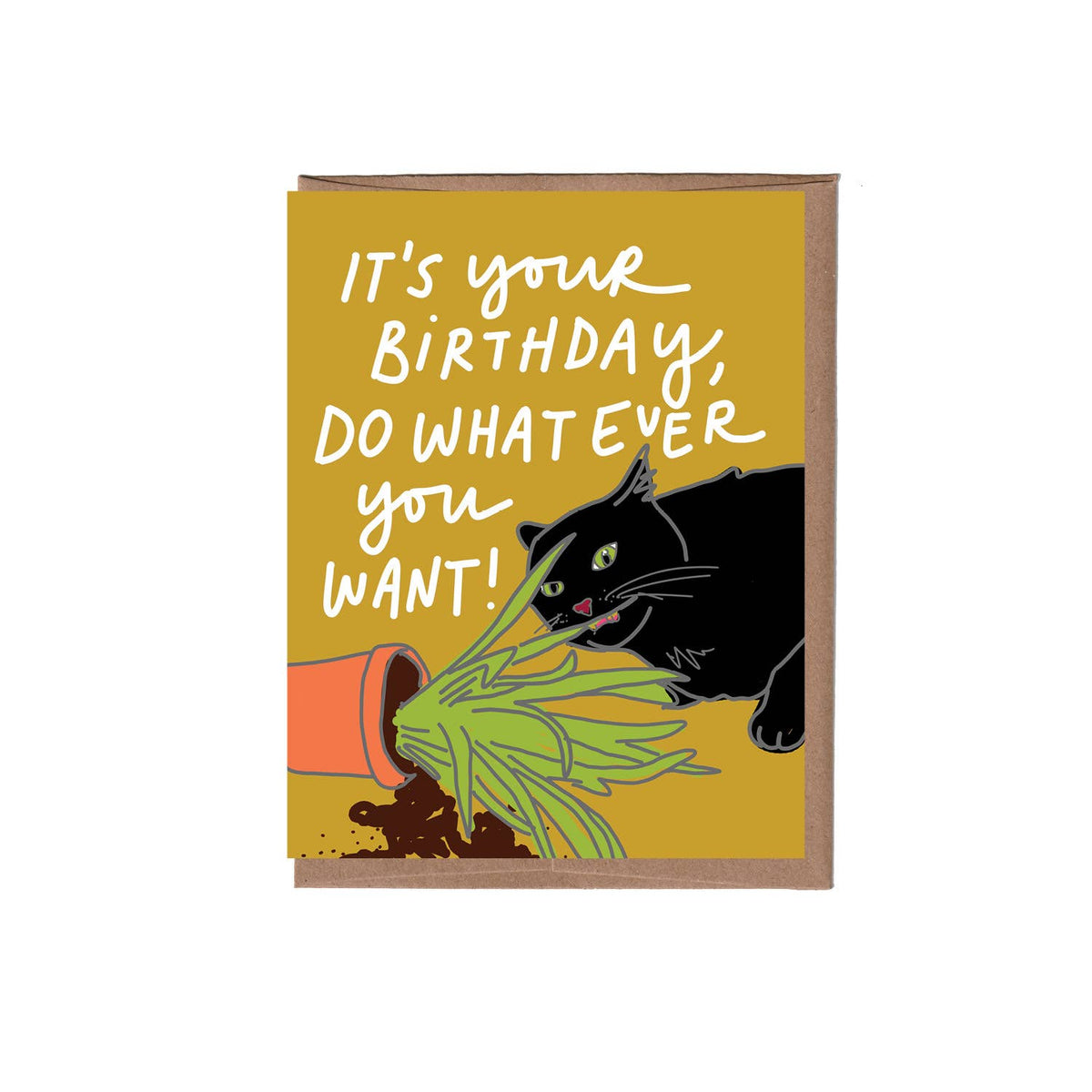 Cat Eating Plants Birthday Card