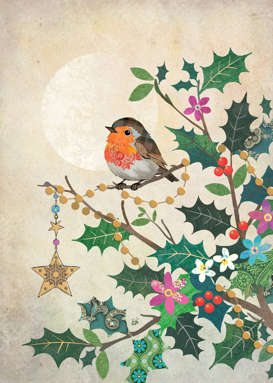 Robin on Holly Branch Holiday Card