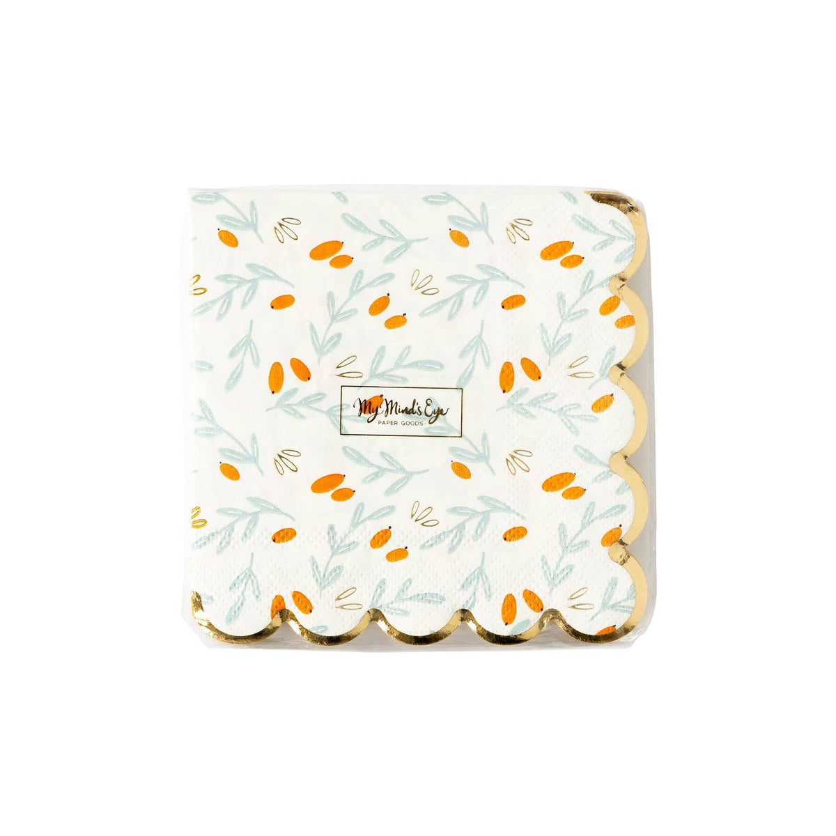 Berries & Sprigs Gold Foil Scallop Edge Beverage Napkins