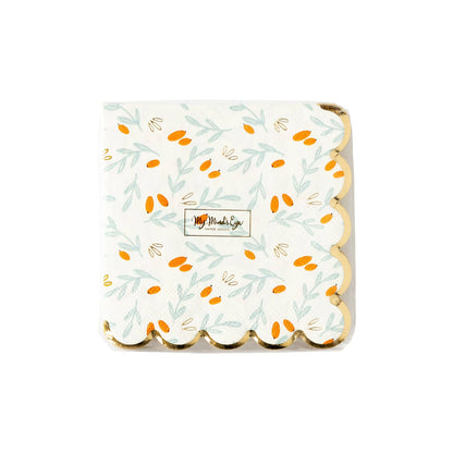 Berries & Sprigs Gold Foil Scallop Edge Beverage Napkins