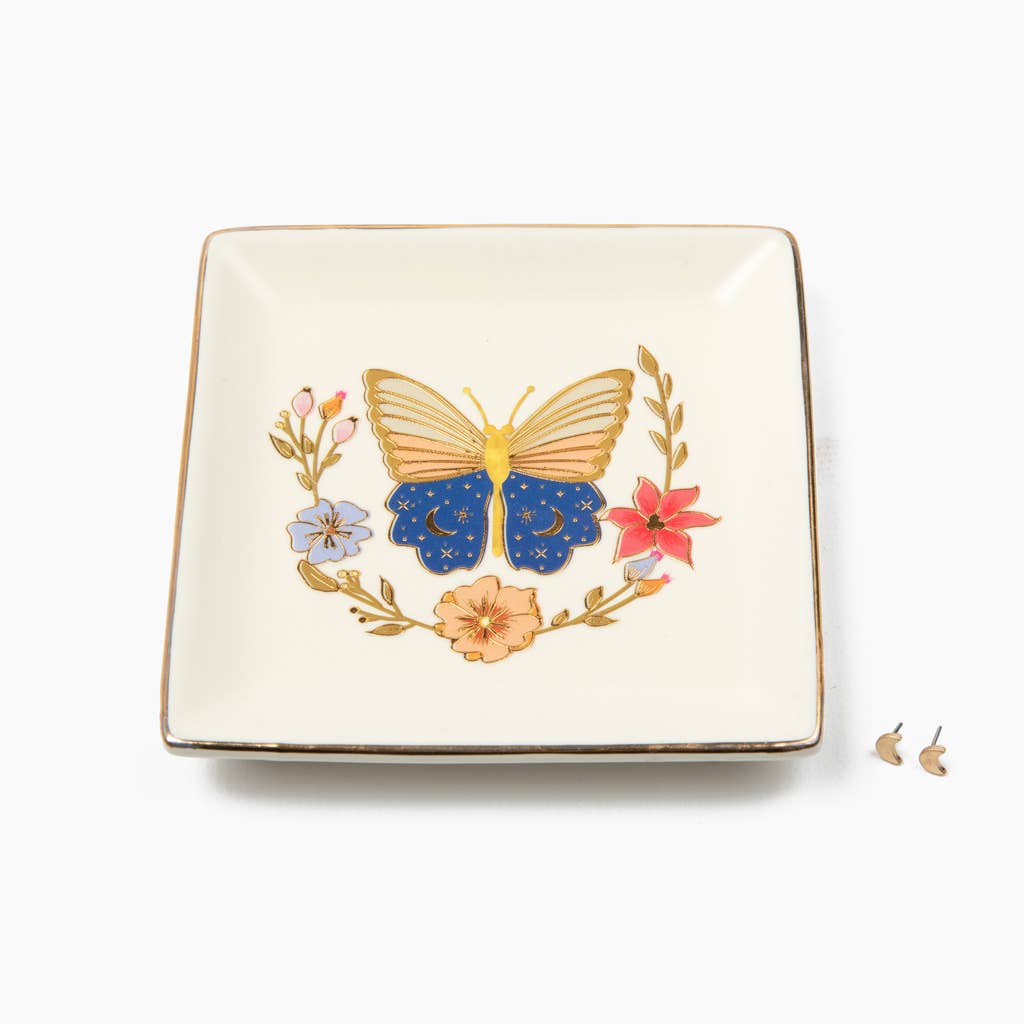 Butterfly & Cream Jewelry Dish & Earring Set