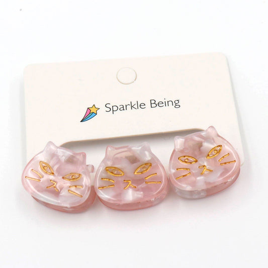 Mini Pink Cat Face Hair Clips, Set of 3