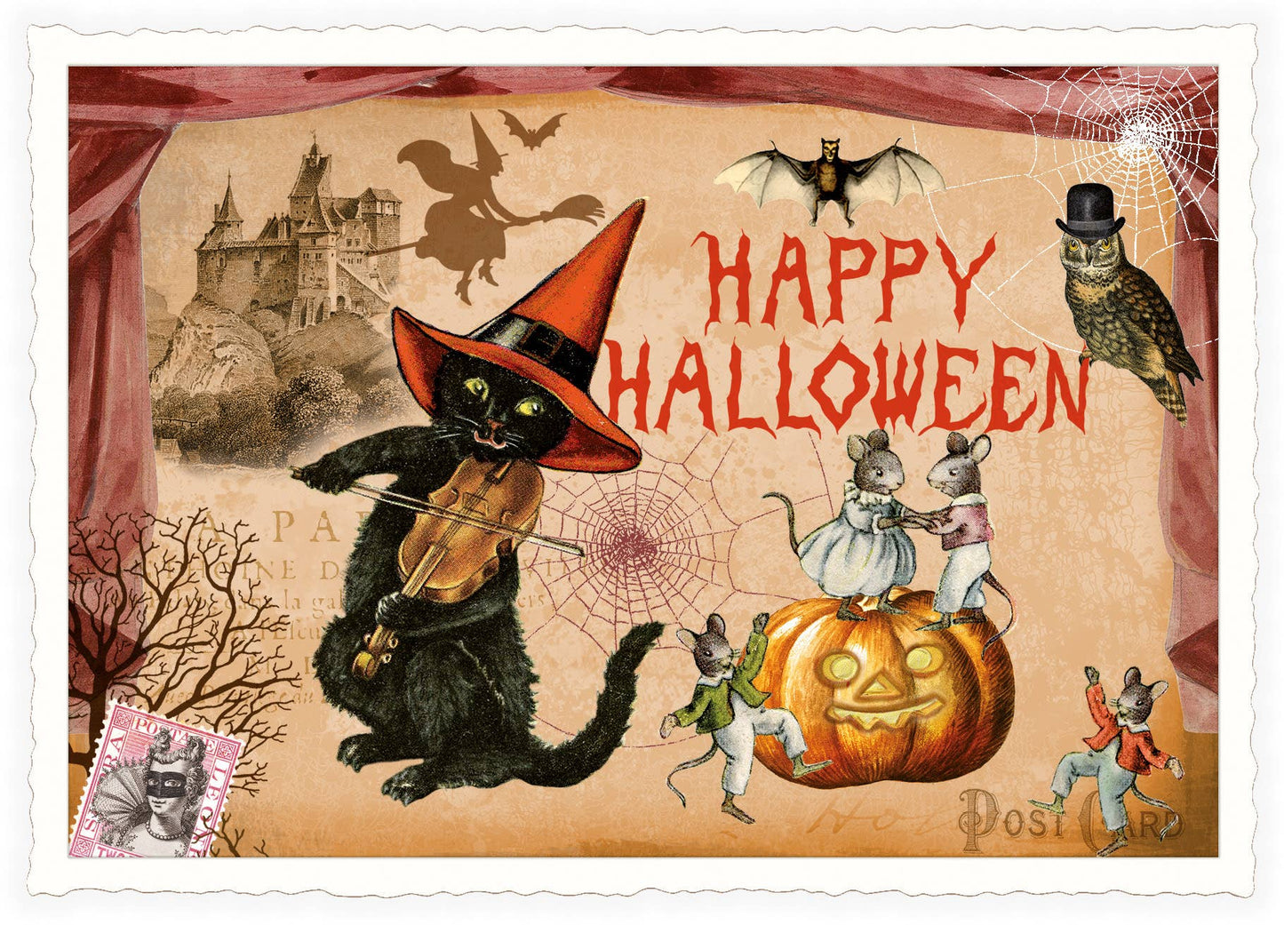 Black Cat Fiddle and Dancing Mice Halloween Postcard