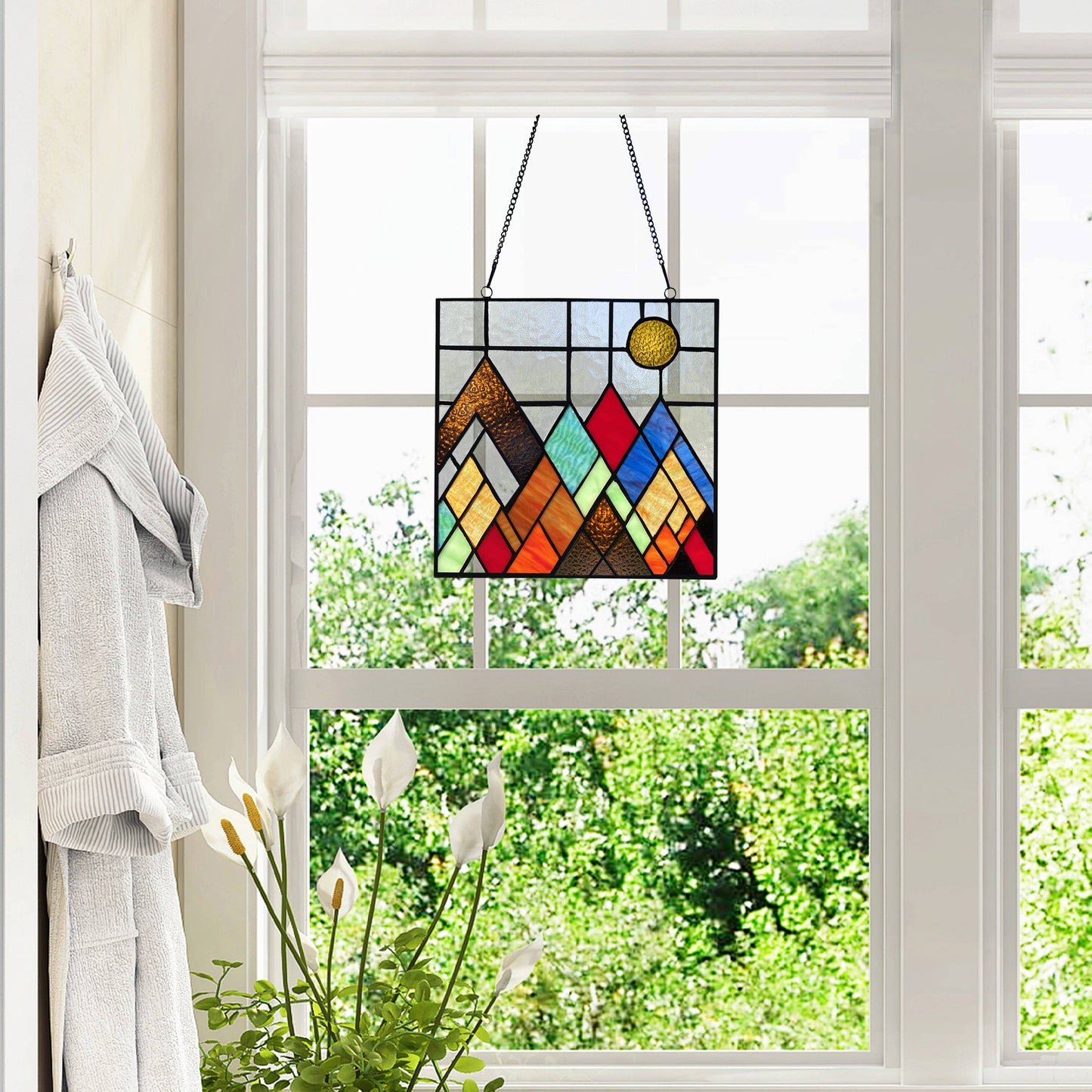 Handcrafted Beyond the Mountain Tops Glass Window Panel