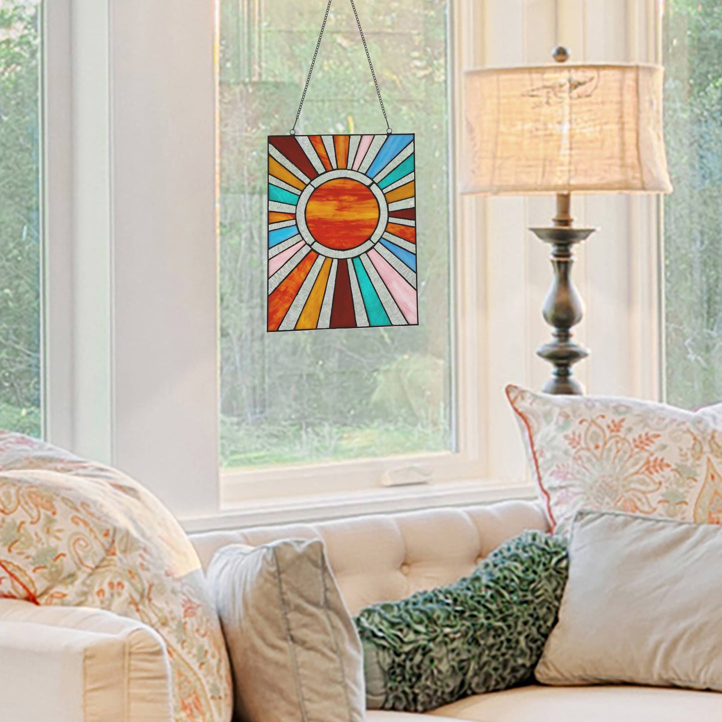 Handcrafted Sunburst Stained Glass Window Panel